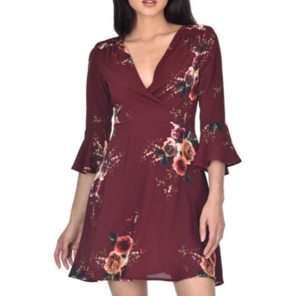 Burgundy floral print wrap dress